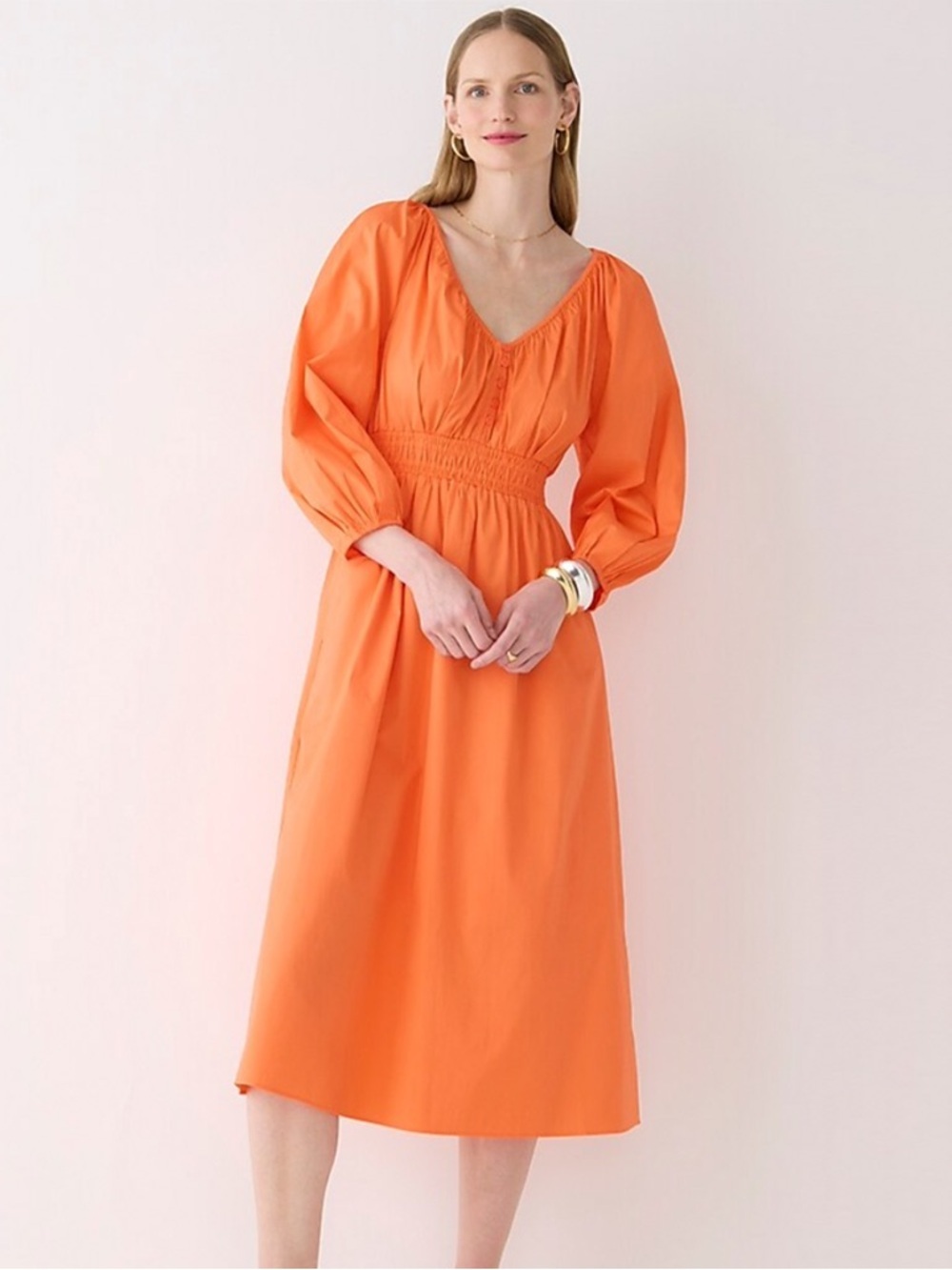NWT - J. Crew - V-neck Midi Dress in Cotton Poplin - Sweet Tangerine